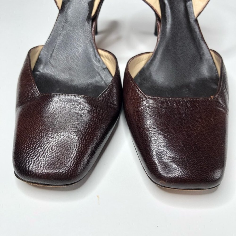 VINTAGE Gucci Leather Chocolate Brown Square Toe Slingback Designer Luxe Heels - Picture 2 of 16
